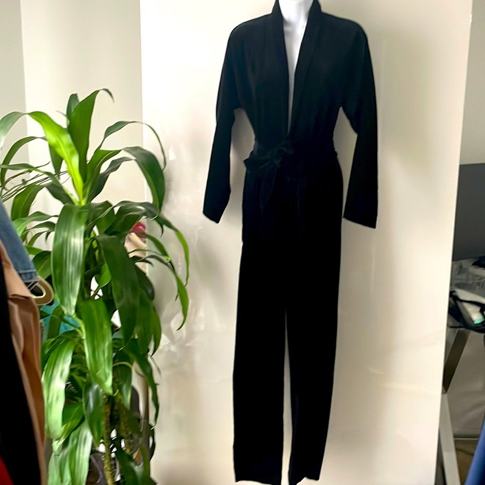 Vintage black velvet plunging neckline cinched waist jumpsuit XS
